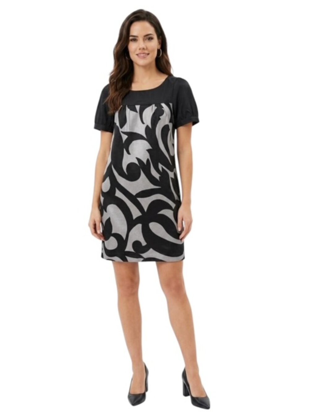 Cynthia Steffe Medium Twelfth Street Silk Black Silver Abstract Shift Dress